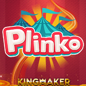 Plinko artwork with a carnival tent, flags, and a bold white title on a red background